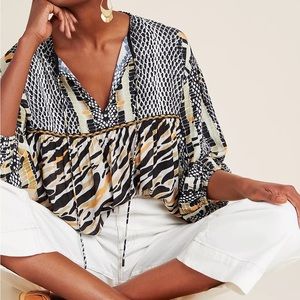 Anthropologie Sz M Bl-Nk Printed Embroidered Peasant Blouse EUC